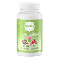 Produktbild von Madena LeberGlück Leber Komplex mit Mariendistel, Artischocke, Löwenzahn, CDP Cholin, Schisandra, Reishi, Cordyceps und Vitamin B-Komplex, 100 Kapseln, vegan, laktosefrei, glutenfrei