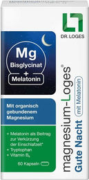 Magnesium-Loges Gute Nacht mit Melatonin und Magnesiumbisglycinat Kapseln, 60 Stück, vegan, zuckerfrei, glutenfrei und laktosefrei – Bild 1 von 4