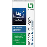 Produktbild von Magnesium-Loges Gute Nacht mit Melatonin und Magnesiumbisglycinat Kapseln, 60 Stück, vegan, zuckerfrei, glutenfrei und laktosefrei