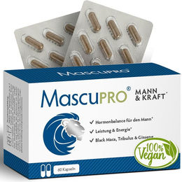 MascuPRO Mann & Kraft Kapseln mit schwarzem Maca und Aminosäuren vegan für Männer – Bild 1 von 3
