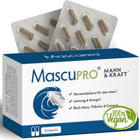 Produktbild von MascuPRO Mann & Kraft Kapseln mit schwarzem Maca und Aminosäuren vegan für Männer