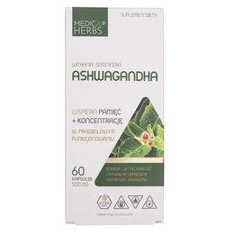 Medica Herbs Ashwagandha 500 mg Kapseln 60 Stück glutenfrei und laktosefrei – Bild 1 von 3