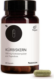 Medicom Kürbiskern Kapseln mit 500 mg Kürbiskernpulver, 60 Stück, vegan, glutenfrei und laktosefrei – Bild 1 von 3