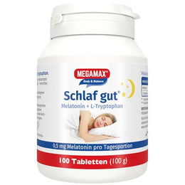 MEGAMAX Schlaf gut Melatonin und L-Tryptophan Tabletten mit 0,5 mg Melatonin pro Tagesdosis 100 Stück – Bild 1 von 2