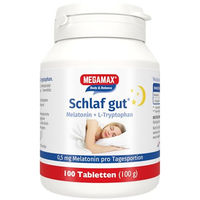 Produktbild von MEGAMAX Schlaf gut Melatonin und L-Tryptophan Tabletten mit 0,5 mg Melatonin pro Tagesdosis 100 Stück