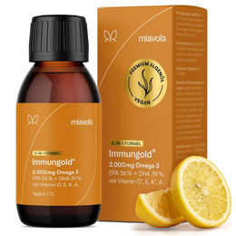 miavola Immungold Omega 3 Algenöl vegan mit 2000 mg Omega-3, Vitamin D3, K2, E & A, Zitronengeschmack, 100 ml – Bild 1 von 3