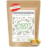 Produktbild von Moriveda Ashwagandha Kapseln mit 1000 mg Wurzelpulver und 22 mg Withanoliden pro Tagesdosis, 120 Stück, vegan