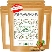 Produktbild von MoriVeda Ashwagandha Tabletten 360 Stück mit 1900 mg Wurzelpulver vegan und glutenfrei