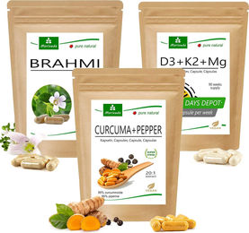 MoriVeda Brain Power Produktpaket mit Brahmi, Curcuma, Pepper, Vitamin D3, K2 und Magnesium in Kapseln, vegan, glutenfrei und laktosefrei – Bild 1 von 1
