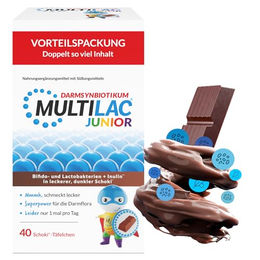Multilac Darmsynbiotikum Junior Schoko-Täfelchen mit Bifido- und Lactobakterien sowie Inulin, 1 Mrd. Bakterien, zuckerfrei, glutenfrei und laktosefrei – Bild 1 von 4