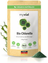 myvial Bio Chlorella Pulver mit Eisen und Vitamin B12, 100 g, vegan und mit aufgebrochener Zellwand – Bild 1 von 1