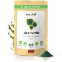 Produktbild von myvial Bio Chlorella Pulver mit Eisen und Vitamin B12, 100 g, vegan und mit aufgebrochener Zellwand