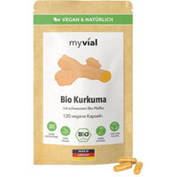 Produktbild von myvial Bio Kurkuma mit schwarzem Bio Pfeffer Komplex Kapseln Curcumin vegan und ohne Zusatzstoffe 120 Kapseln
