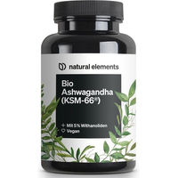 Produktbild von natural elements Bio-Ashwagandha KSM-66 Premiumrohstoff mit 5% Withanolid-Gehalt vegan und hochdosiert 180 Kapseln