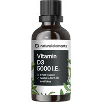 Produktbild von natural elements Vitamin D3 Tropfen mit 5000 IE pro Portion, 50 ml mit 1700 Tropfen, auf MCT-Öl Basis aus Kokos, laborgeprüft