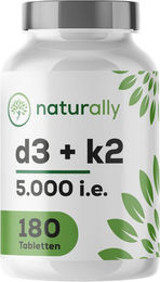 naturally Vitamin D3 + K2 hochdosiert 5000 IE vegetarische Tabletten 180 Stück – Bild 1 von 1