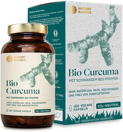 NATURE BASICS Bio Curcuma mit schwarzem Bio Pfeffer Kapseln Vegan 180 Stück – Bild 1 von 3