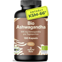 Produktbild von Nature Flow Bio Ashwagandha KSM-66 600 mg pro Portion Vegan ohne Zusatzstoffe 180 Kapseln