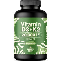 Produktbild von Nature Flow Vitamin D3 K2 hochdosiert 20000 IE vegetarisch ohne Zusatzstoffe 365 Tabletten
