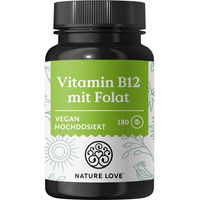 Produktbild von Nature Love Vitamin B12 Tabletten mit Adenosyl- und Methylcobalamin sowie Folat 5-MTHF, vegan, glutenfrei und laktosefrei, 180 Stück