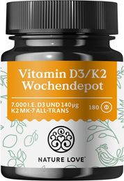 Nature Love Vitamin D3 K2 Wochendepot Tabletten mit 7000 IE D3 und 140 µg K2 vegan 180 Stück – Bild 1 von 4