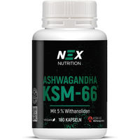 Produktbild von NEX Ashwagandha KSM-66 Kapseln mit 300 mg Wurzelextrakt und 5% Withanoliden, vegan, 180 Kapseln