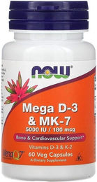 NOW FOODS Mega D3 & MK-7 Vitamin D3 5000 IE + K2 MK-7 Kapseln 60 Stück – Bild 1 von 1