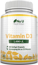 Nu U Nutrition Vitamin D3 1000 I.E. Kapseln ohne Zusatzstoffe 365 Stück – Bild 1 von 1