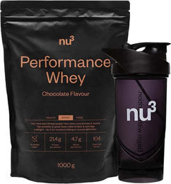 nu3 Performance Whey Mischung Schokolade zuckerfrei ohne Zusatzstoffe Pulver und nu3 Shaker Schwarz – Bild 1 von 1