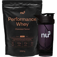 Produktbild von nu3 Performance Whey Mischung Schokolade zuckerfrei ohne Zusatzstoffe Pulver und nu3 Shaker Schwarz