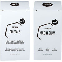 Produktbild von nu3 Premium Omega-3 und nu3 Premium Magnesium Komplex Kapseln vegan glutenfrei laktosefrei ohne Zusatzstoffe