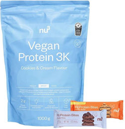 nu3 Vegan Protein 3K Shake Cookies-Cream und Fit Protein Bites Double-Choc sowie Peanut Butter Set vegan glutenfrei laktosefrei zuckerfrei – Bild 1 von 1