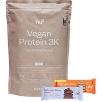 Produktbild von nu3 Vegan Protein 3K Shake Iced Coffee mit Fit Protein Bites Peanut Butter und Double-Choc Protein Pulver vegan zuckerfrei glutenfrei