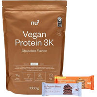 Produktbild von nu3 Vegan Protein 3K Shake Schokolade und Fit Protein Bites Peanut Butter sowie Double-Choc Set vegan glutenfrei laktosefrei