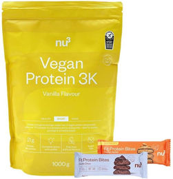 nu3 Vegan Protein 3K Shake Vanille Pulver vegan glutenfrei laktosefrei zuckerfrei sowie nu3 Fit Protein Bites Peanut Butter und Double-Choc – Bild 1 von 1