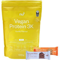 Produktbild von nu3 Vegan Protein 3K Shake Vanille Pulver vegan glutenfrei laktosefrei zuckerfrei sowie nu3 Fit Protein Bites Peanut Butter und Double-Choc