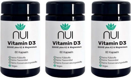 NUI Vitamin D3 & K2 5000 IE mit Magnesium und Flechten vegan Kapseln 180 Stück – Bild 1 von 2
