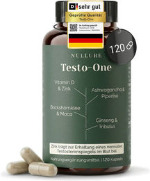Nullure Testo-One Kapseln mit Maca, Tribulus, Bockshornklee, Ashwagandha und Ginseng, vegan, 120 Kapseln – Bild 1 von 3