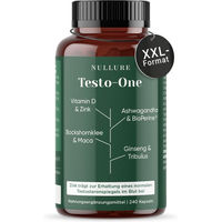 Produktbild von Nullure Testosteron mit Maca, Tribulus, Bockshornklee, Ashwagandha und Ginseng, 240 Kapseln, vegan
