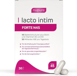Nupure Lacto Intim Forte N45 vegane Kapseln mit 45 Milchsäurebakterienstämmen, Biotin, Vitamin B2, Vitamin B3 und 20 Milliarden KBE für Frauen – Bild 1 von 1