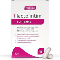Produktbild von Nupure Lacto Intim Forte N45 vegane Kapseln mit 45 Milchsäurebakterienstämmen, Biotin, Vitamin B2, Vitamin B3 und 20 Milliarden KBE für Frauen