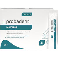 Produktbild von Nupure Probadent Max N44 mit 44 Bakterien- und Hefekulturen sowie Vitamin D3 Pulver vegan zuckerfrei glutenfrei