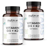 Produktbild von nutri+ Vitamin D3 K2 Tabletten hochdosiert vegan mit Flechten für Erwachsene und Senioren