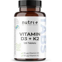 Produktbild von nutri+ Vitamin D3 K2 Tabletten mit Flechten vegan und hochdosiert 120 Stück
