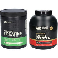 Produktbild von Optimum Nutrition Creatin Monohydrat und Gold Standard 100% Whey Protein Pulver Double Rich Chocolate Mischung