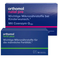 Produktbild von Orthomol Natal pre Kapseln und Orthomol Fertil plus Tabletten für Frauen und Männer bei Kinderwunsch