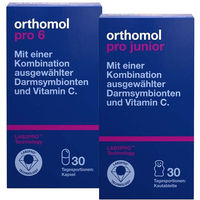 Produktbild von Orthomol Pro 6 und Orthomol Pro Junior Kapseln für Erwachsene und Kinder