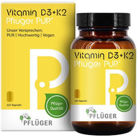 Produktbild von Pflüger PUR Vitamin D3 + K2 1000 I.E. und 75 µg Kapseln vegan glutenfrei laktosefrei 120 Stück