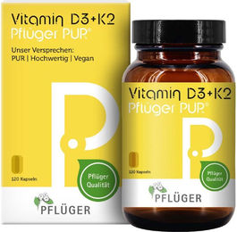 Pflüger PUR Vitamin D3 + K2 Kapseln mit 1.000 IE und 75 µg vegan glutenfrei laktosefrei 120 Kapseln – Bild 1 von 1