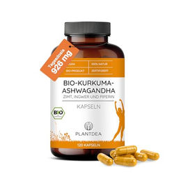 PlantDEA Bio Kurkuma-Ashwagandha Kapseln mit Zimt, Ingwer und Piperin 925 mg Tagesdosis 120 Kapseln vegan und laborgeprüft – Bild 1 von 2